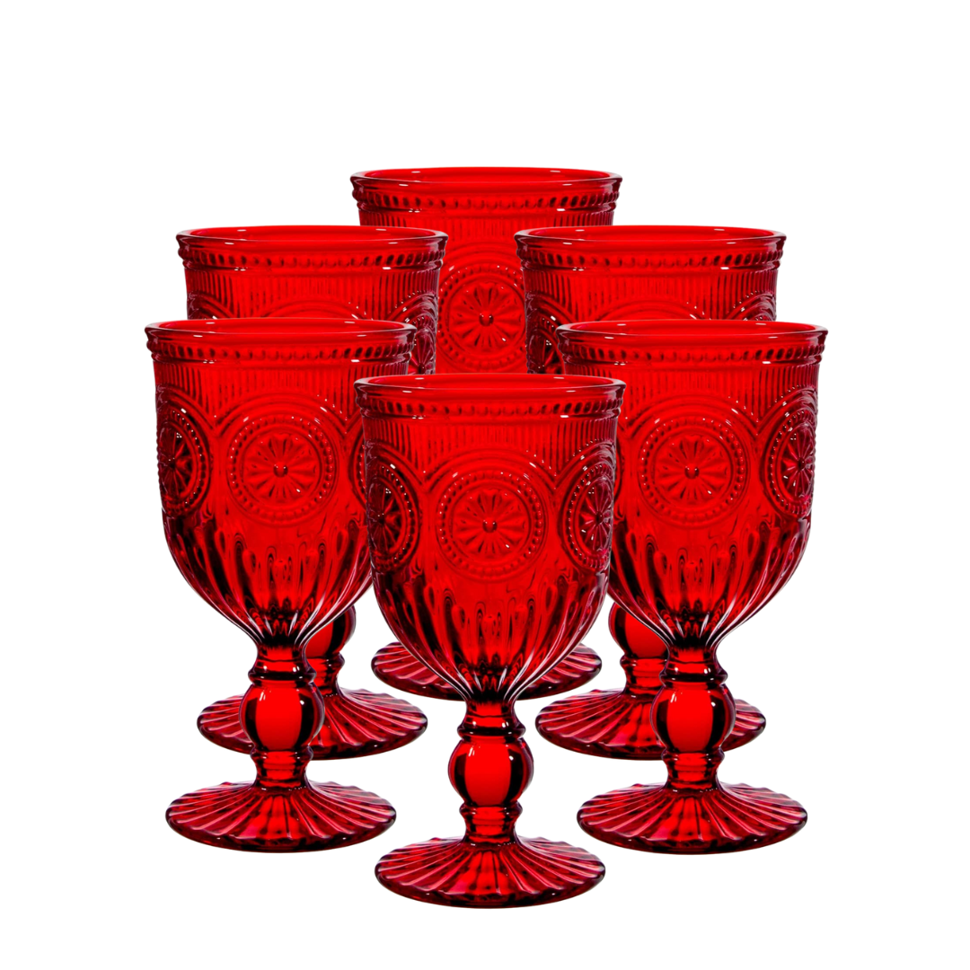 Seis copas rojas con plata incrustada